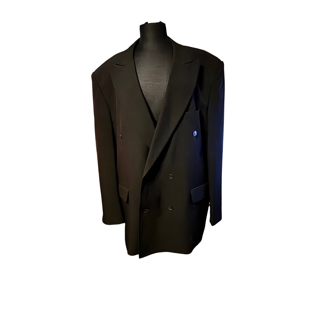 VTG Falcone Black Double Breasted Blazer‎ Jacket 48L Men's Classic Fit Polyester